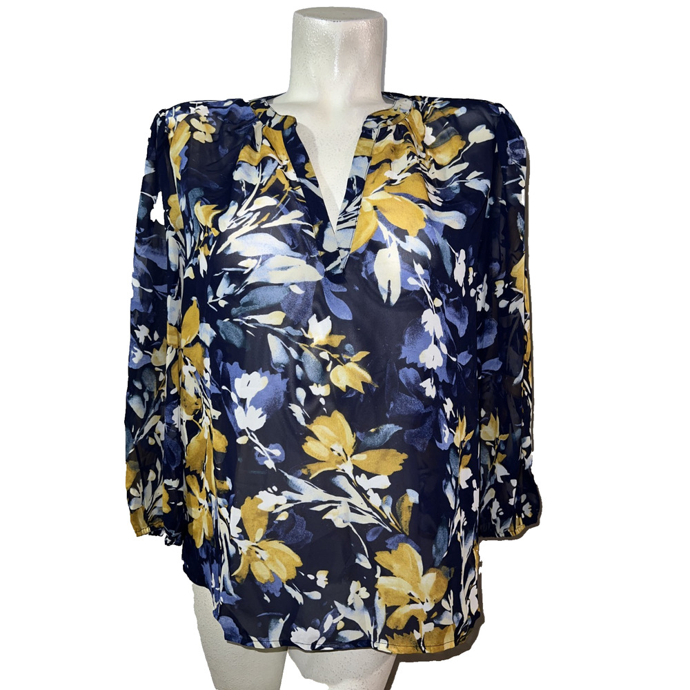 Chico's Top Size M (1) Blue Mustard Chiffon Floral Sheer Blouse 3/4 Slv Shirt